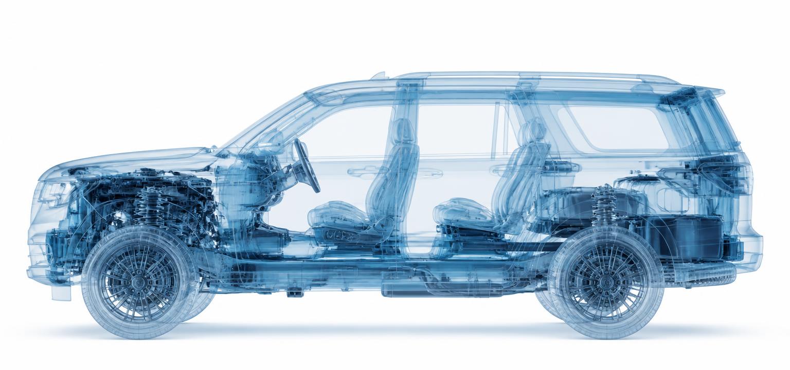 Sample Repair X-Raye: wireframe SUV outline with the transmission and drivetrain area highlighted